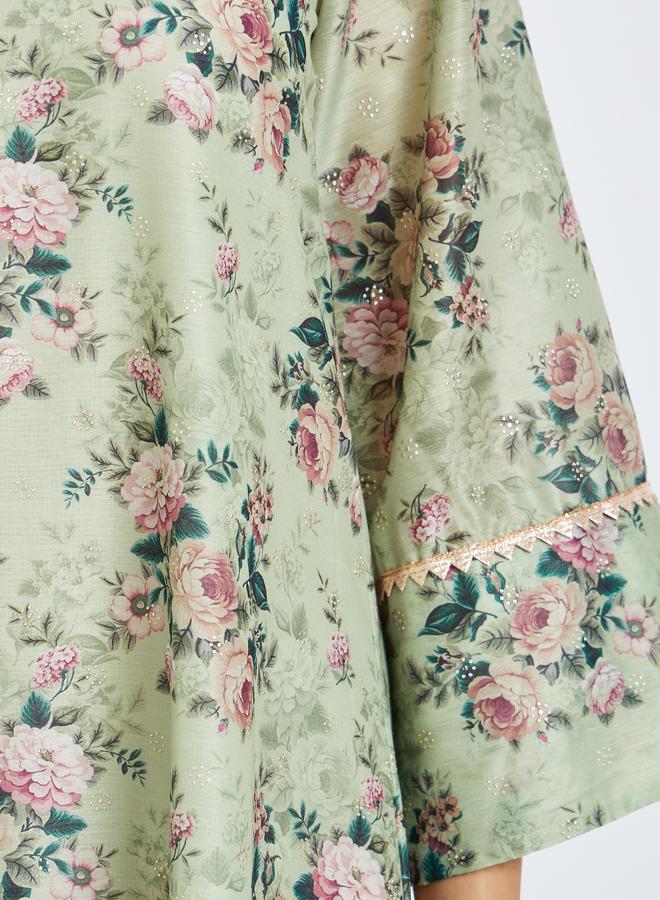 Amirah Women Green Floral Print A-Line Jalabiya - Image 3